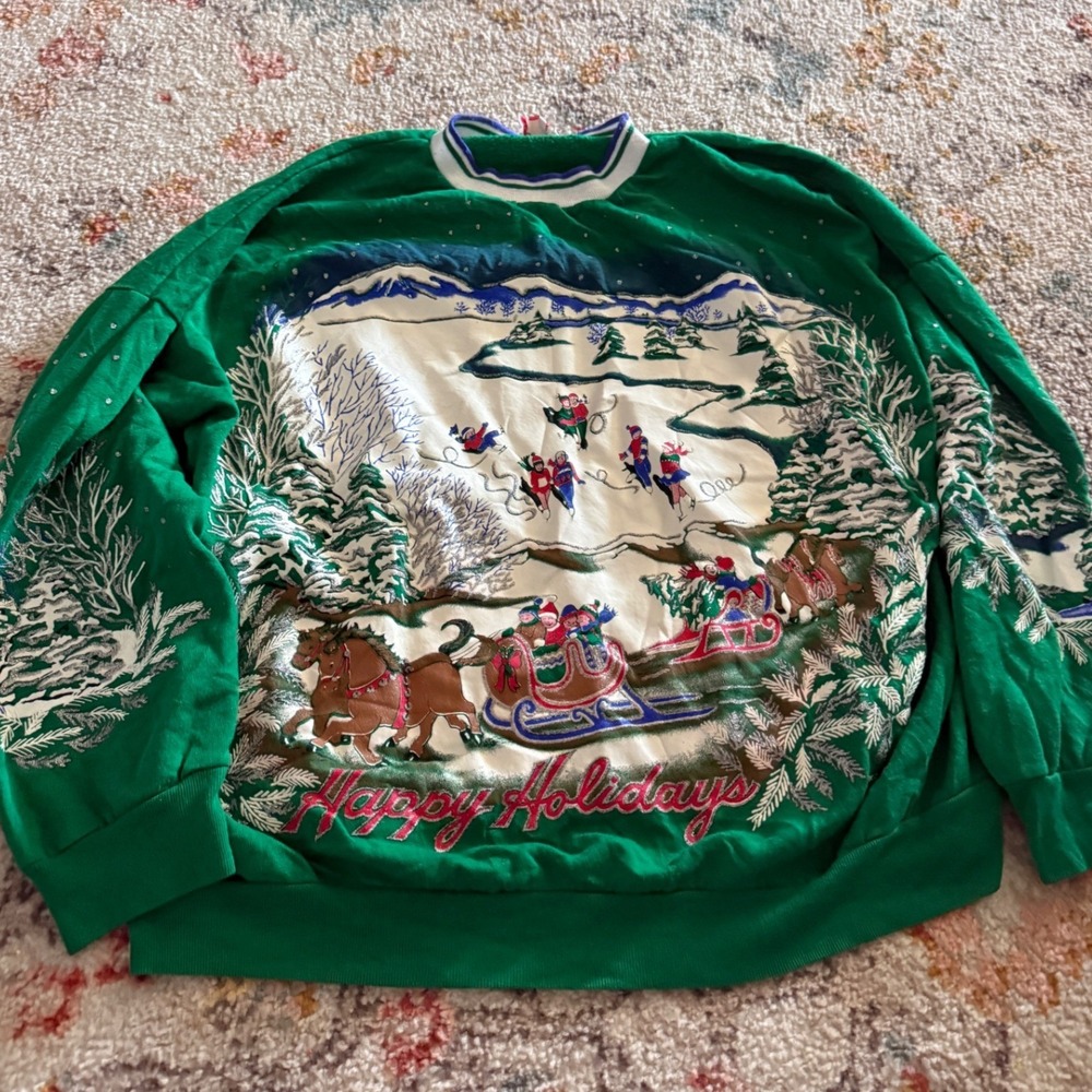 Vintage Nutcracker Happy Holidays Green Sweatshirt Winter Glitter XL Christmas
